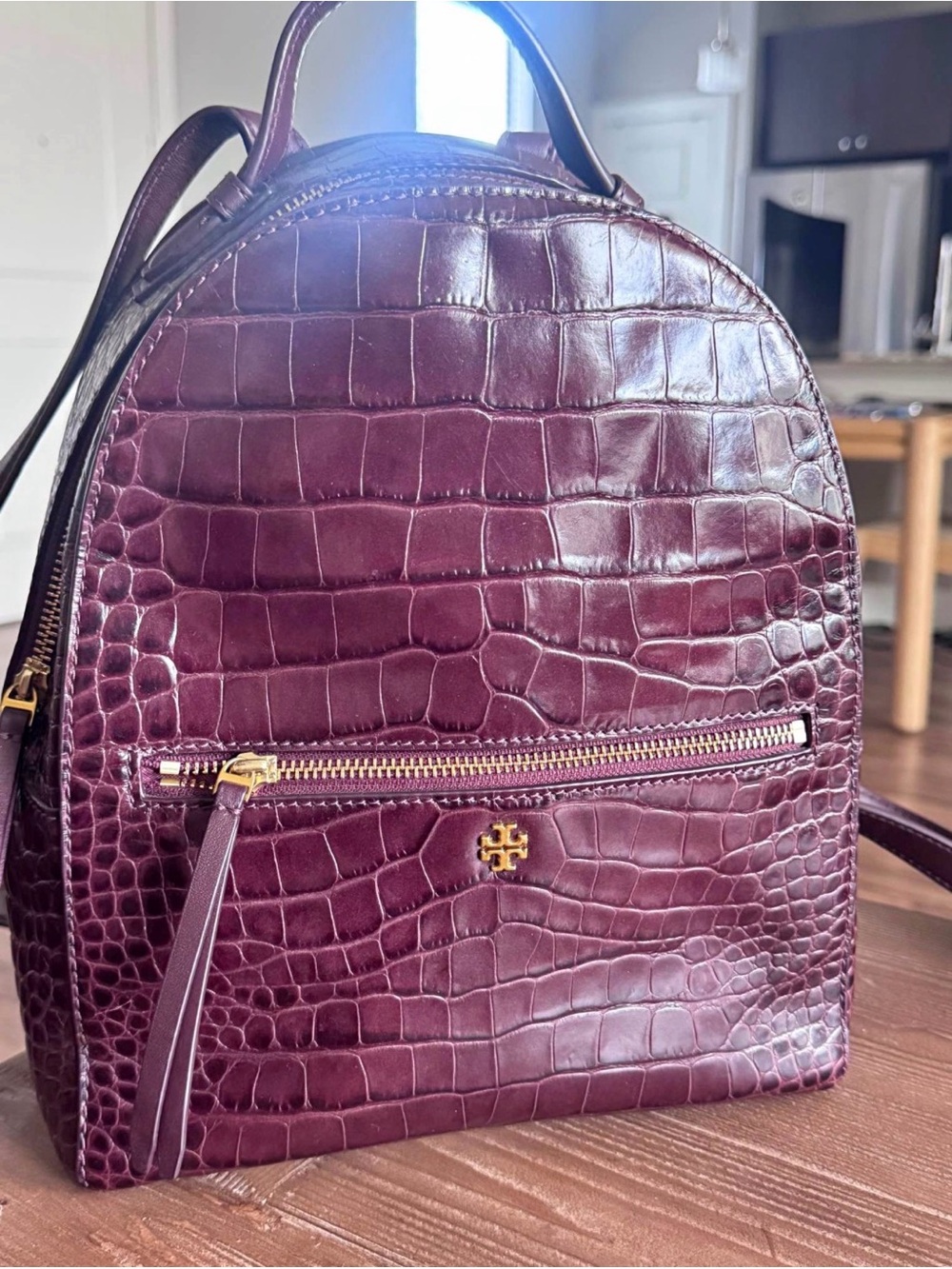 Tory Burch Maroon Croc-Embossed Leather Backpack